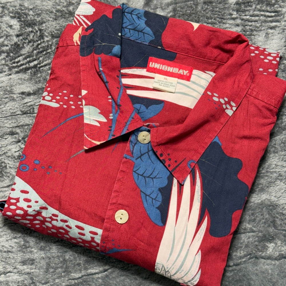 Unionbay Button Down Shirt Mens XL Red Crane Floral Short Sleeve IYT01068
